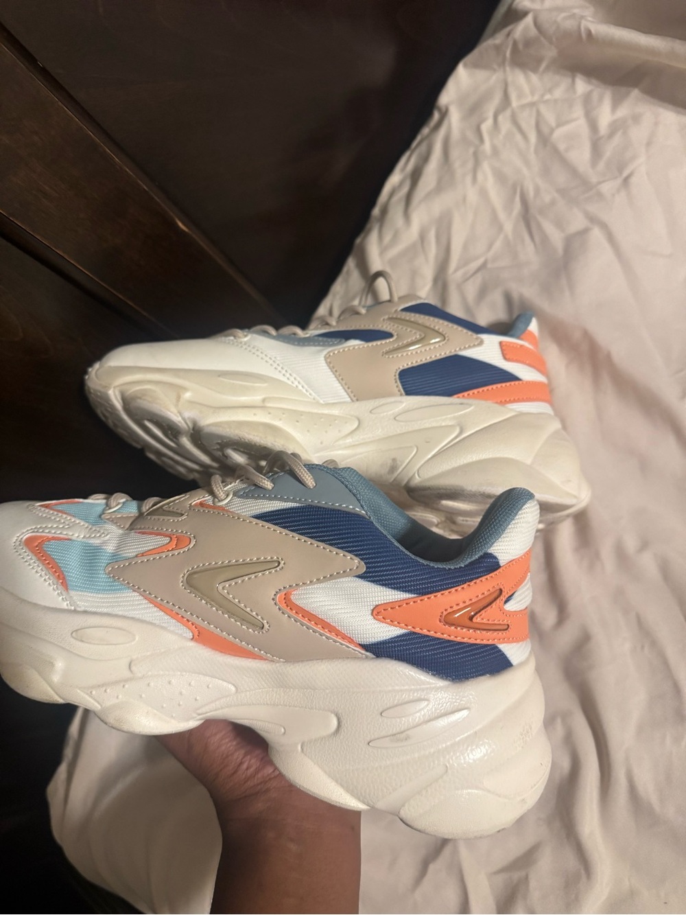 Fashion Nova White Multicolor Chunky Sneakers with Coral & Blue Accents